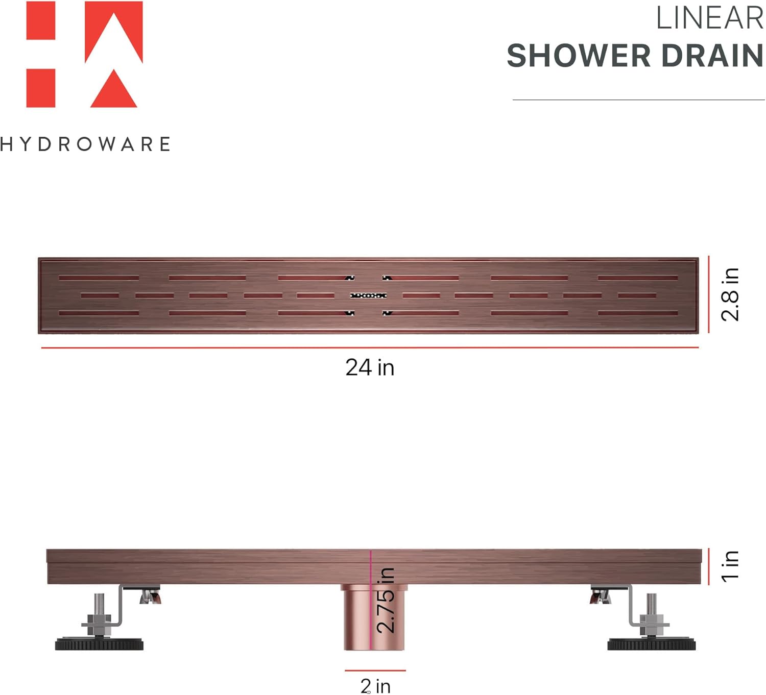 Linear Shower Drain - Stainless Steel Rectangular Shower Floor Drain with Removable Patterned Grate, Hair Strainer, Threaded Adapter (Copper, 24 Inches)