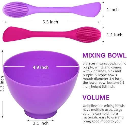 Miniatura 2 de Juego de 5 cuencos de silicona, 3 tazones de mezcla de 0.49 cuartos de galón y 2 cepillos de silicona para mascarilla, cuencos de silicona para