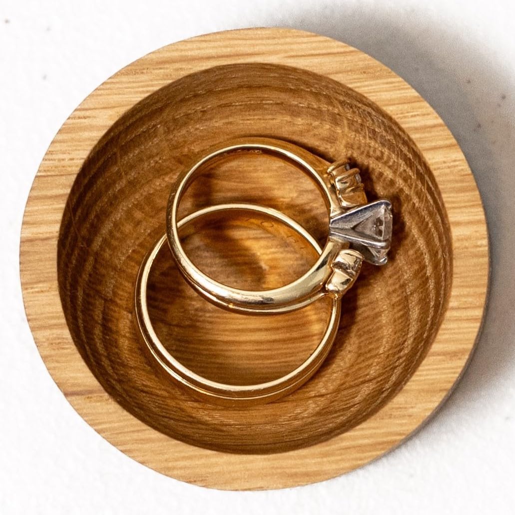 Solid Oak Ring Dish - 2" Round .75" Tall Wood Ring Holder | Compact Wooden Jewelry Tray for Bedside, Dresser, Sink | Ideal for Earrings, Engagement & Wedding Rings