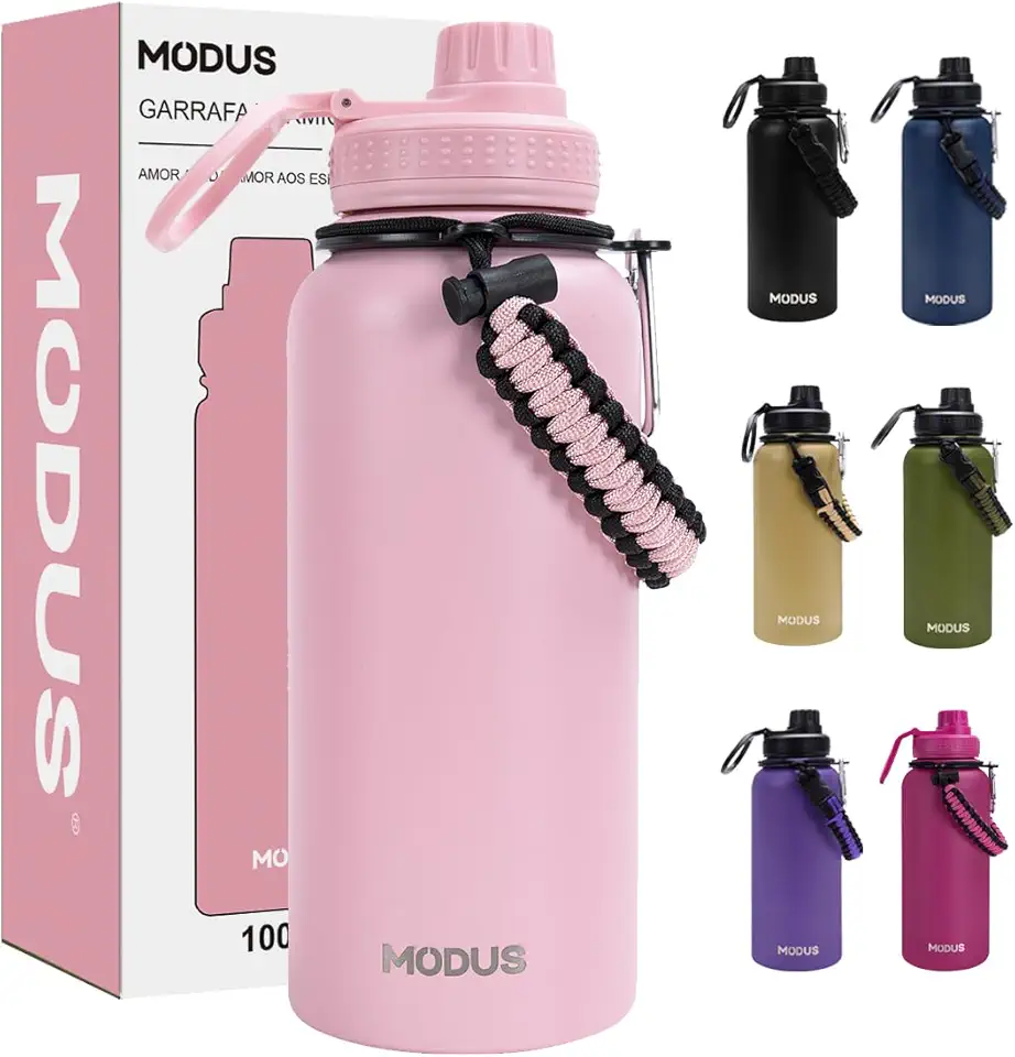 MODUS 1000mL Garrafa Térmica Aço Inoxidável Com Alça Paracord (Rosa)