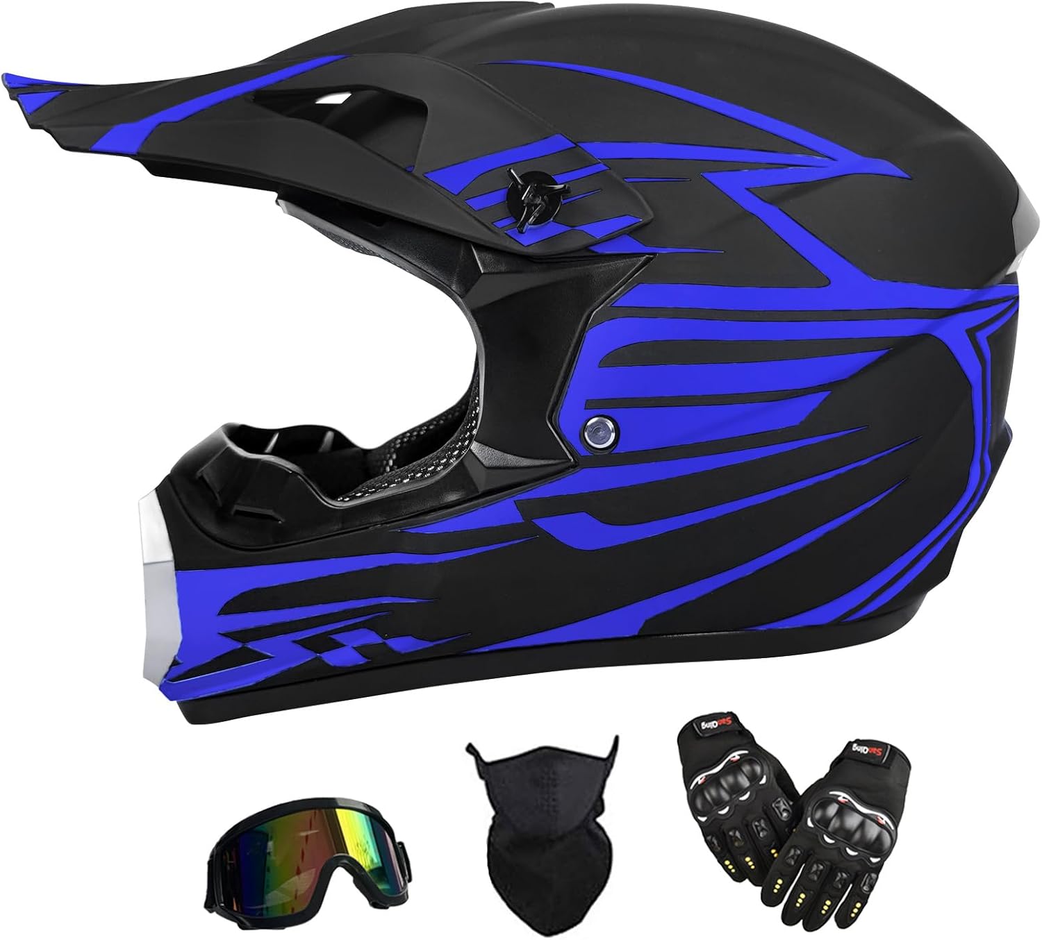 Youth Dirt Bike Helmet,Atv Helmet Motorcycle Helmets ,Unisex Offroad Helmets with Gloves Goggle Face Shield,Full Face Helmets Dot Approved blue Medium