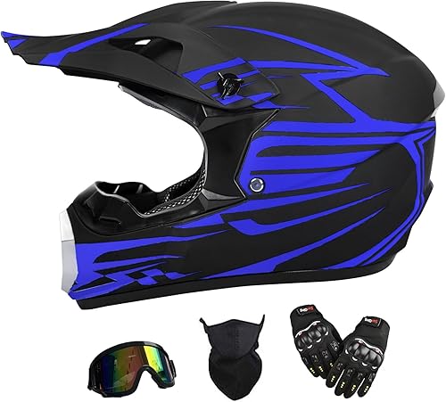 Casco ATV juvenil, casco de motocross para niños, casco unisex con guantes, gafas, protector facial, juego de 4 piezas, buen regalo para familiares