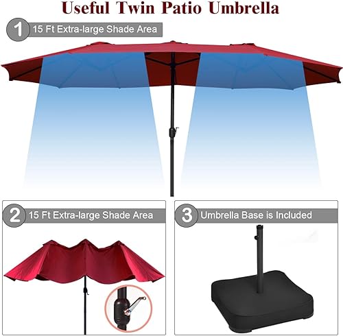 Vista 31 de Tangkula Paraguas de doble cara para patio de 15 pies con base, sombrilla de mesa individual extragrande para exteriores con manivela Naranja