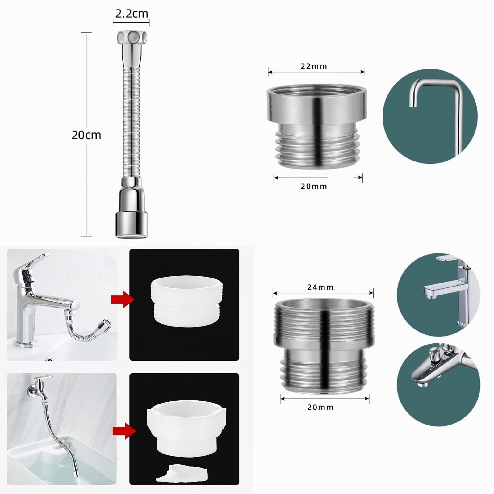 Prolunga Rubinetto Cucina 20cm Acciaio Inox Estensione 360° Girevole 2 Adattatori
