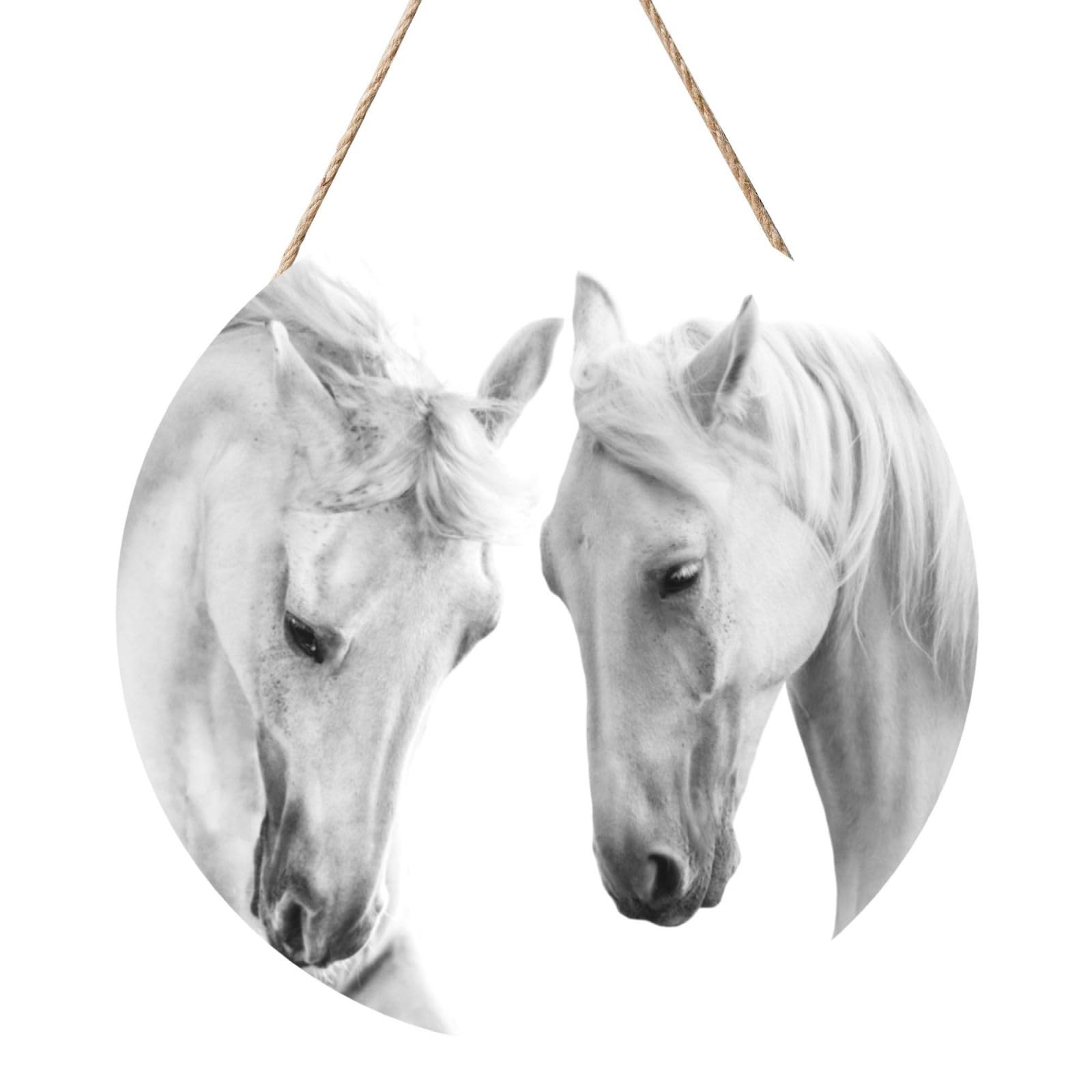 InOmak Horse Pattern Animal White, Round Wood Panel Painting 12 in, Wall Hanging Painting For Home