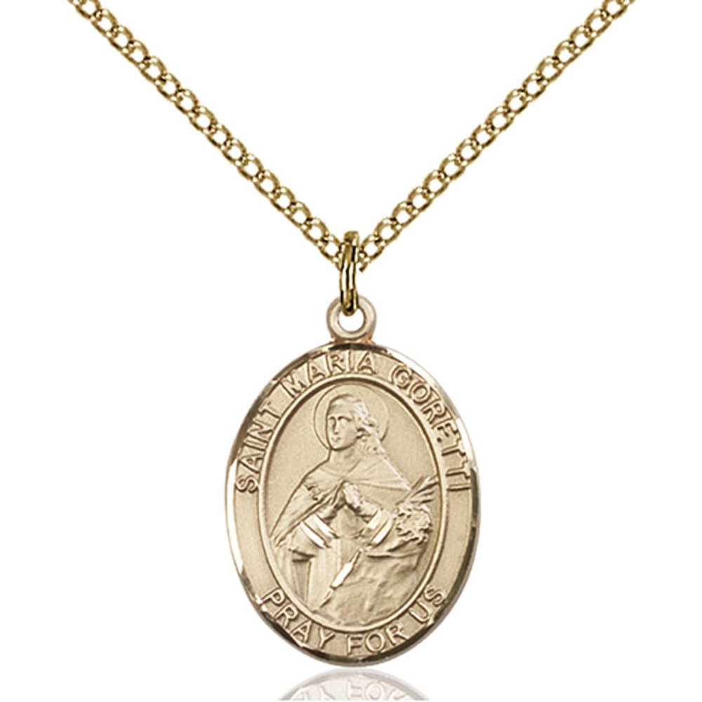 Bonyak Jewelry Saint Medal Collection Custom Engraved Gold Filled St. Maria Goretti Pendant 3/4 x 1/2 inches with Gold Filled Lite Curb Chain