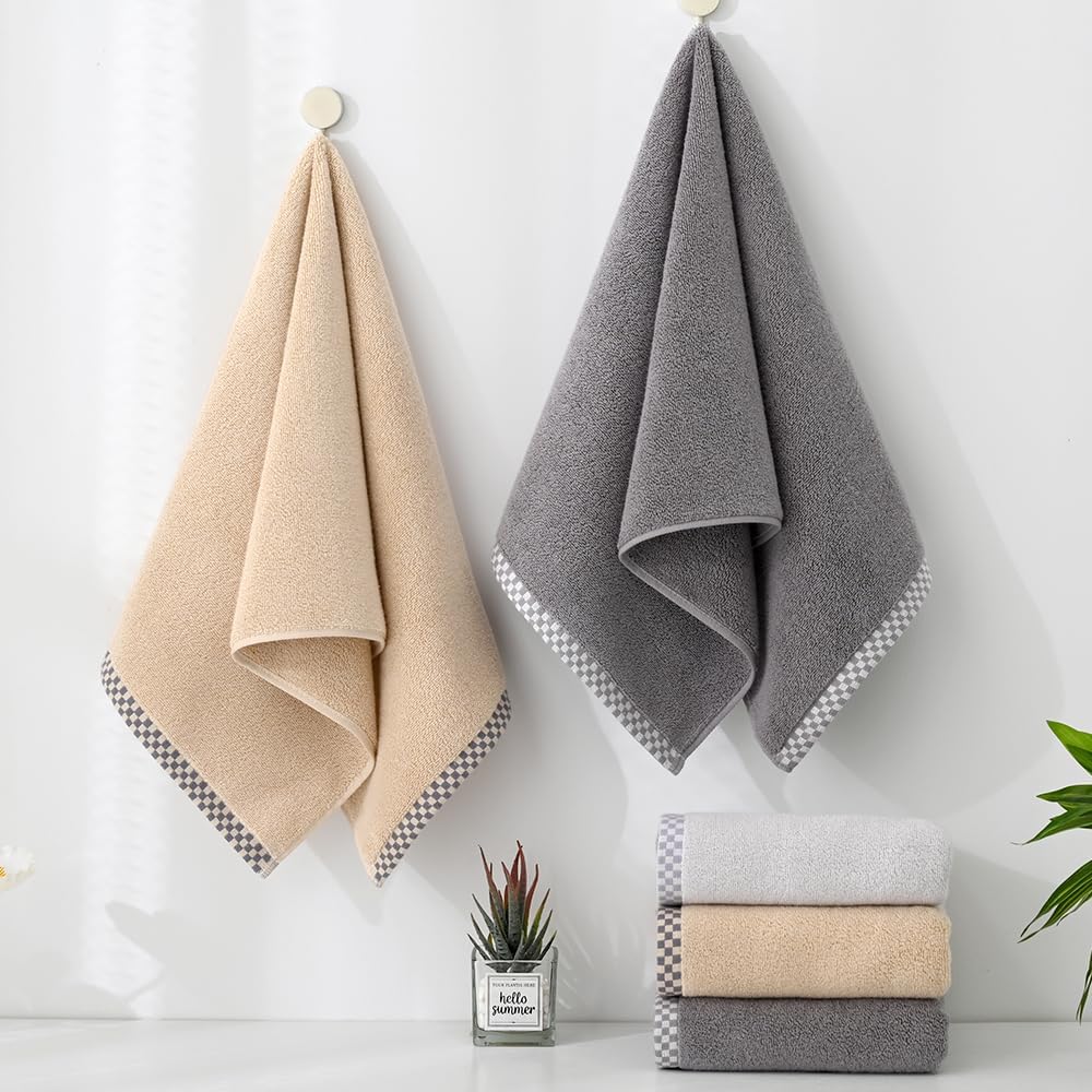 YiLUOMO Grey Hand Towel Set of 2 Super Soft Highly Absorbent 100% Cotton Thick Solid Pattern with Gray Plaid Trim Border Design Decorative Hand Towels for Bathroom, Hotel, Spa 13 x 29 Inch - Image 5