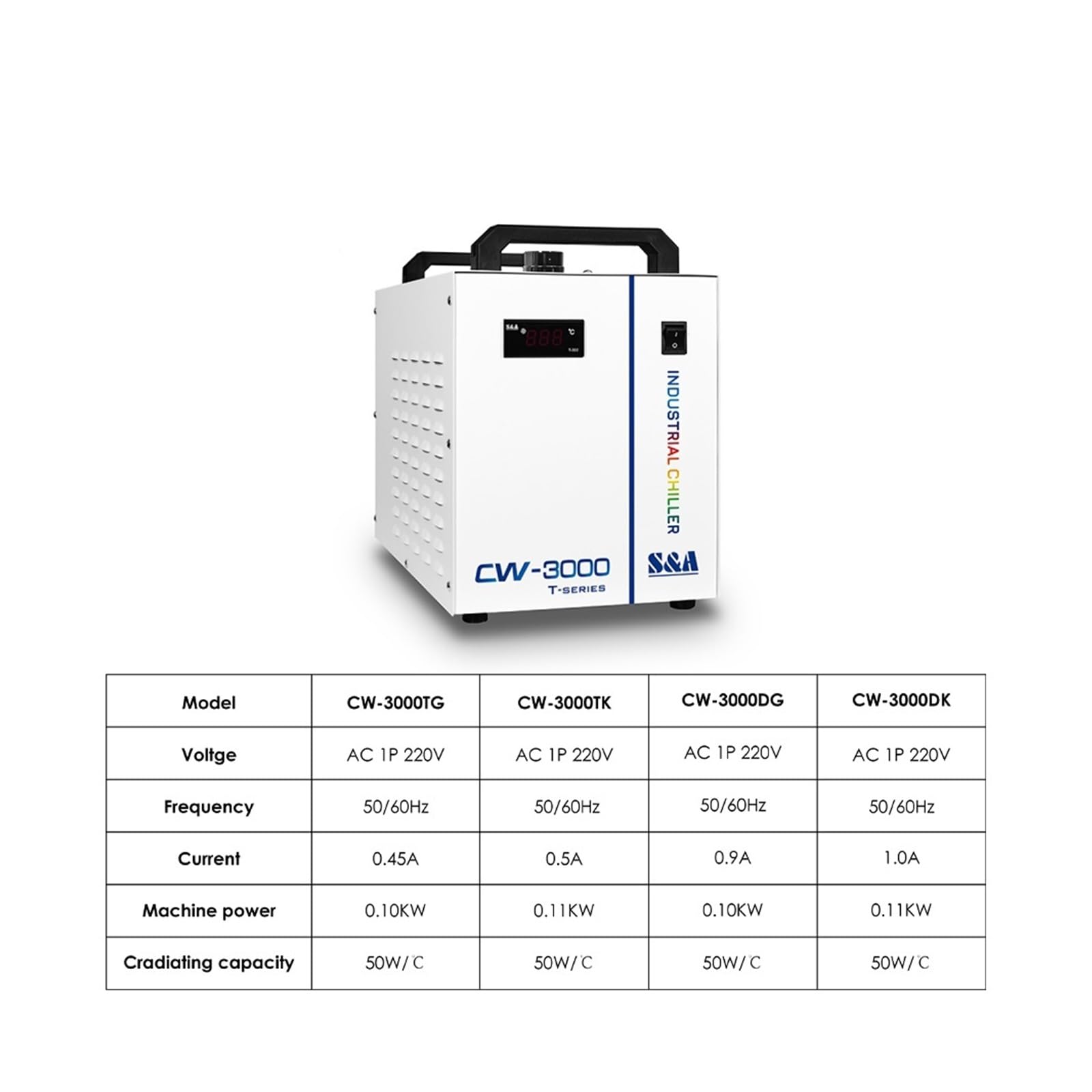 S & A CW3000 Przemysłowy agregat wody lodowej do chłodzenia maszyny do grawerowania CO2, chłodzenie routera CNC Wrzeciono chłodzone wodą(Pagoda 10mm,CW3000 DG(110))
