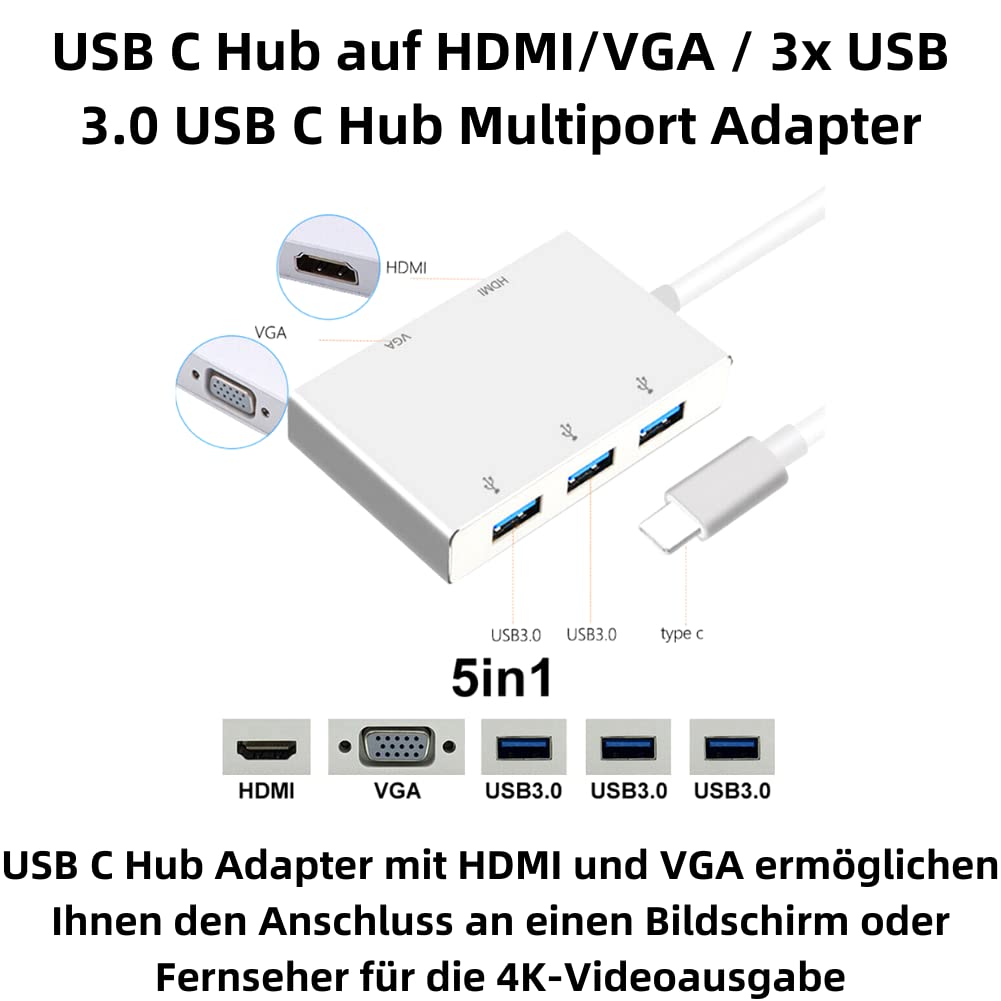 H59CS HUB USB C do HDMI USB C 3.1 na HDMI VGA 3X USB 3.0 USB Hub Multiport Adapter kompatybilny z laptopami MacBook/MacBook Pro / Samsung Galaxy S8/S8 Plus Dell Lenovo Surface