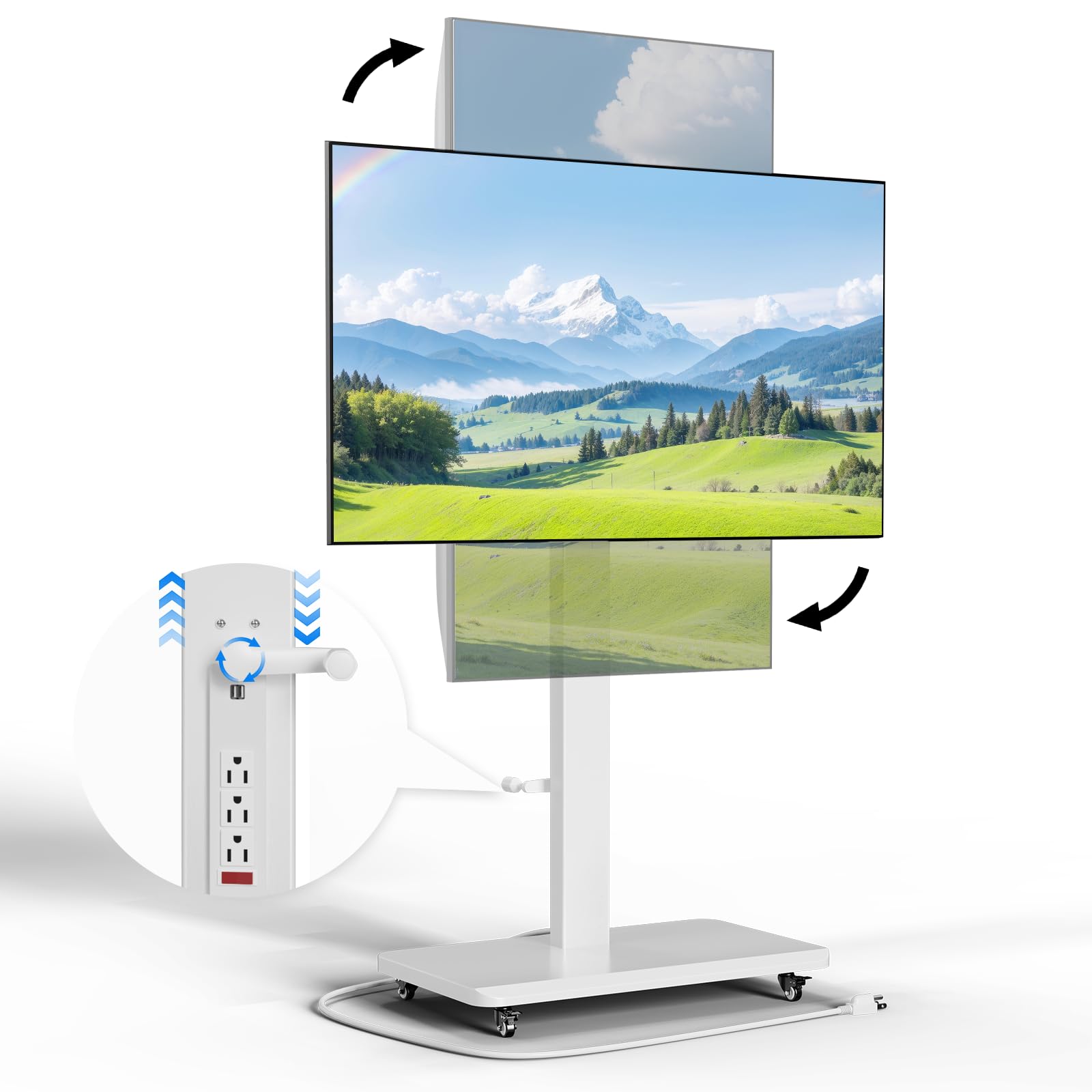 Mobile TV Stand with Power Outlet, Height Adjustable with Handle Stepless Lift,Rolling TV Stand for 32-75inch TVs with 90 Rotating,Portrait to Landscape,TV Cart with Wheels Holds up to 110lbs (White)