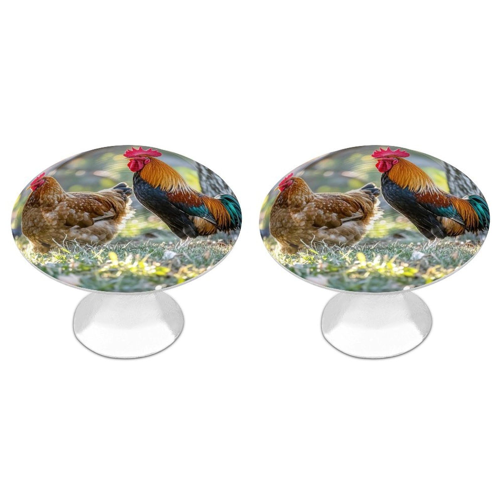 FekiLoot Round Cabinet Knob 2 Pack Kitchen Drawer Knobs Stainless Steel Round Drawer Pulls Modern Cabinet Hardware Beautiful Rooster Hen Drawer Hardware for Dresser Closet Door Knobs