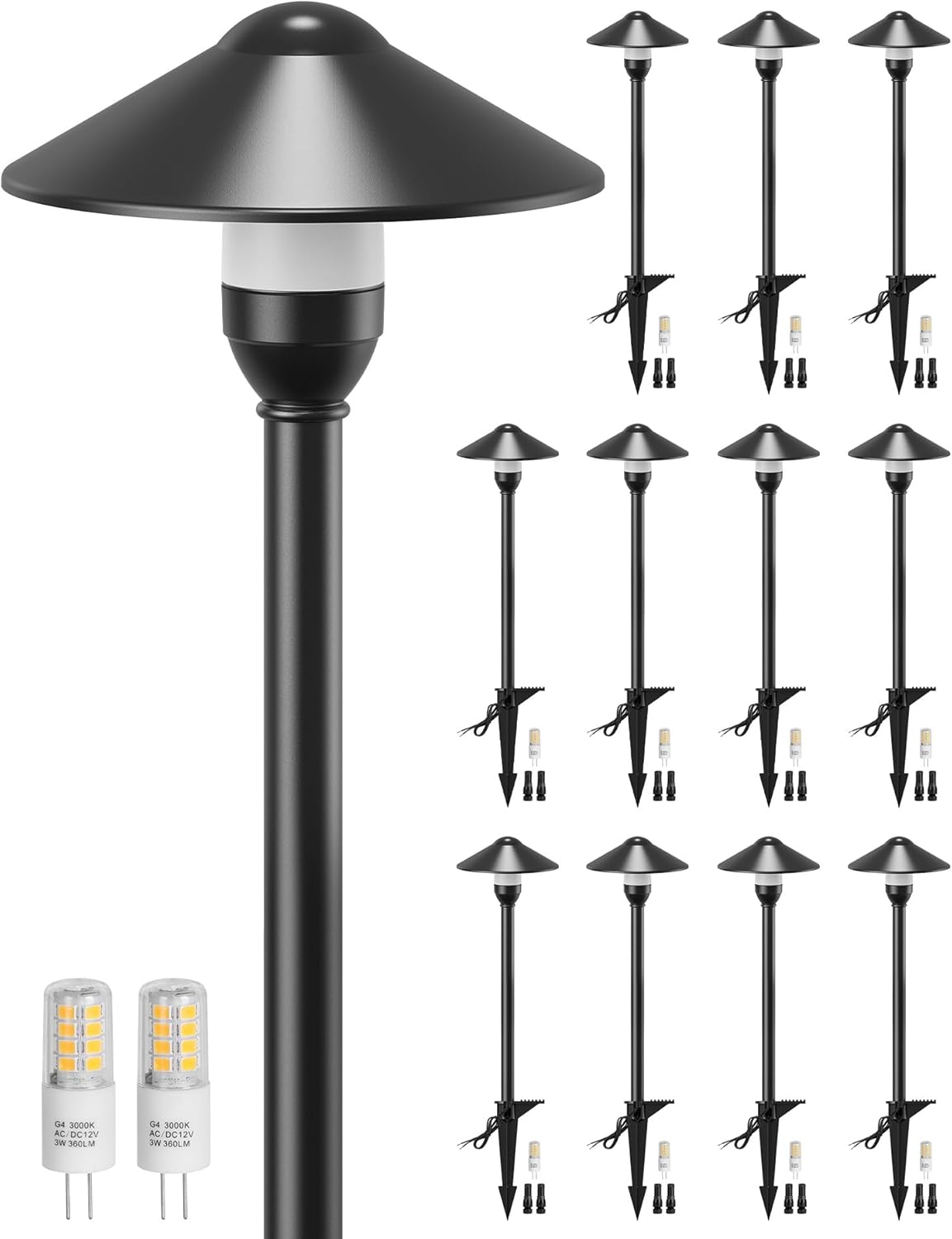 PARTPHONER Low Voltage Landscape Lighting 12-Pack, Aluminum 12V Pathway Lights with G4 Bulbs, Waterproof Oil Rubbed Bronze Color Round Shade Path Lights with Connectors for Walkway Yard Garden