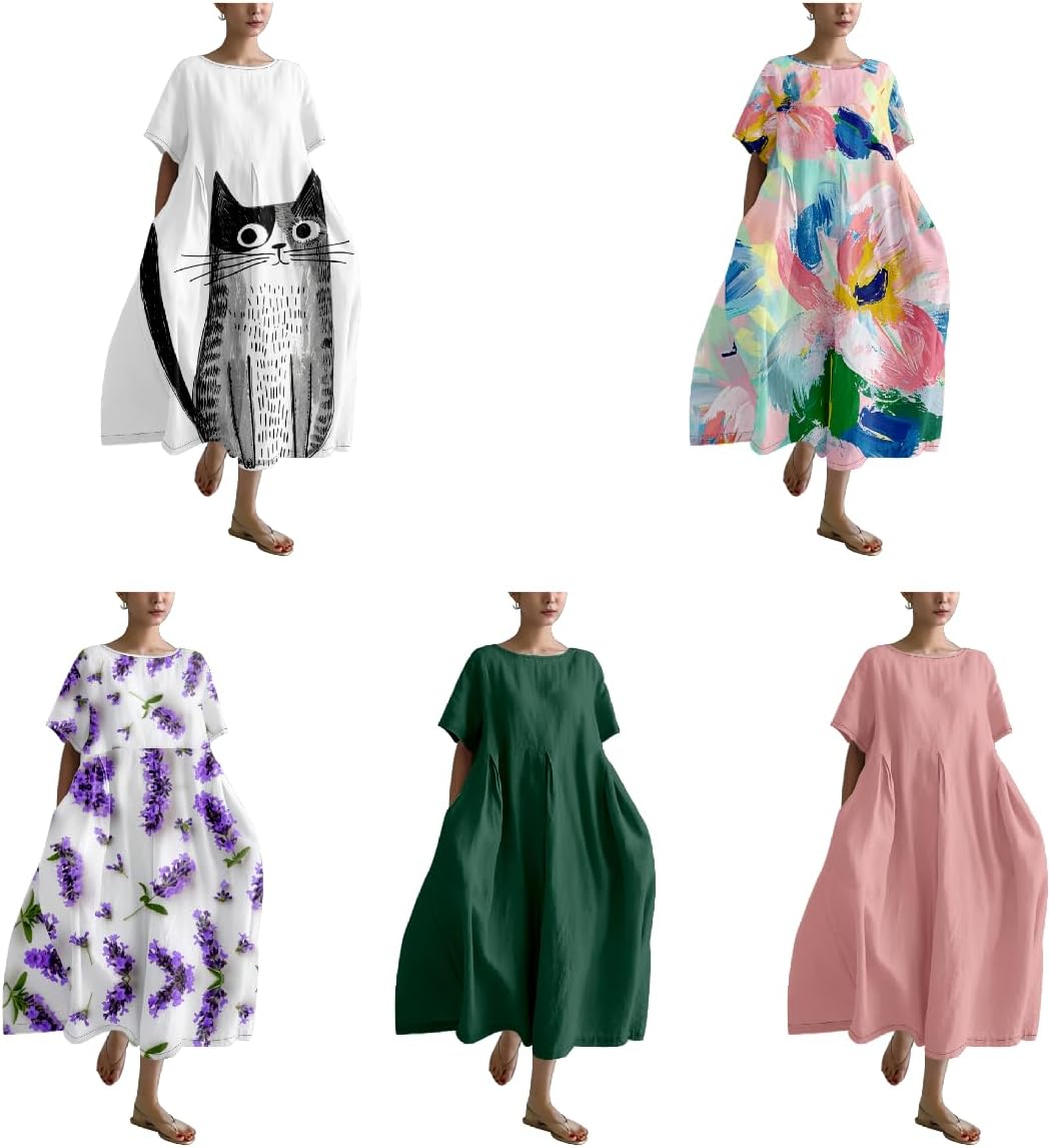 Womens Boho Summer Dresses Oversized Comfy T Shirt Dress Elegant Crew Neck Short Sleeve Sundress Camping - Image 2