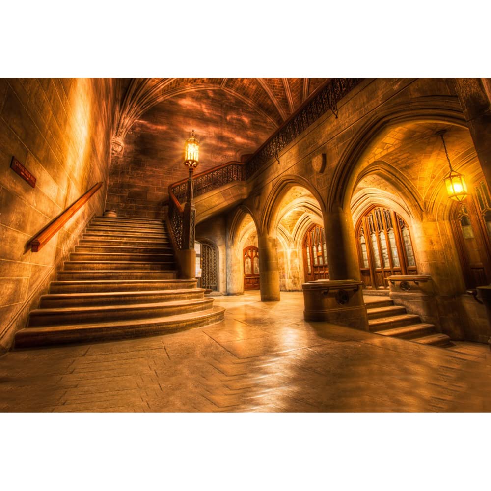Aoihrraan 3x2m Rétro Château Intérieur Toile De Fond Vintage Arcade Colonnes Vieux Escalier Européen Doré Église Photographie Voyage Vacances Anniversaire Mariage Amoureux Portrait Photo Vinyle