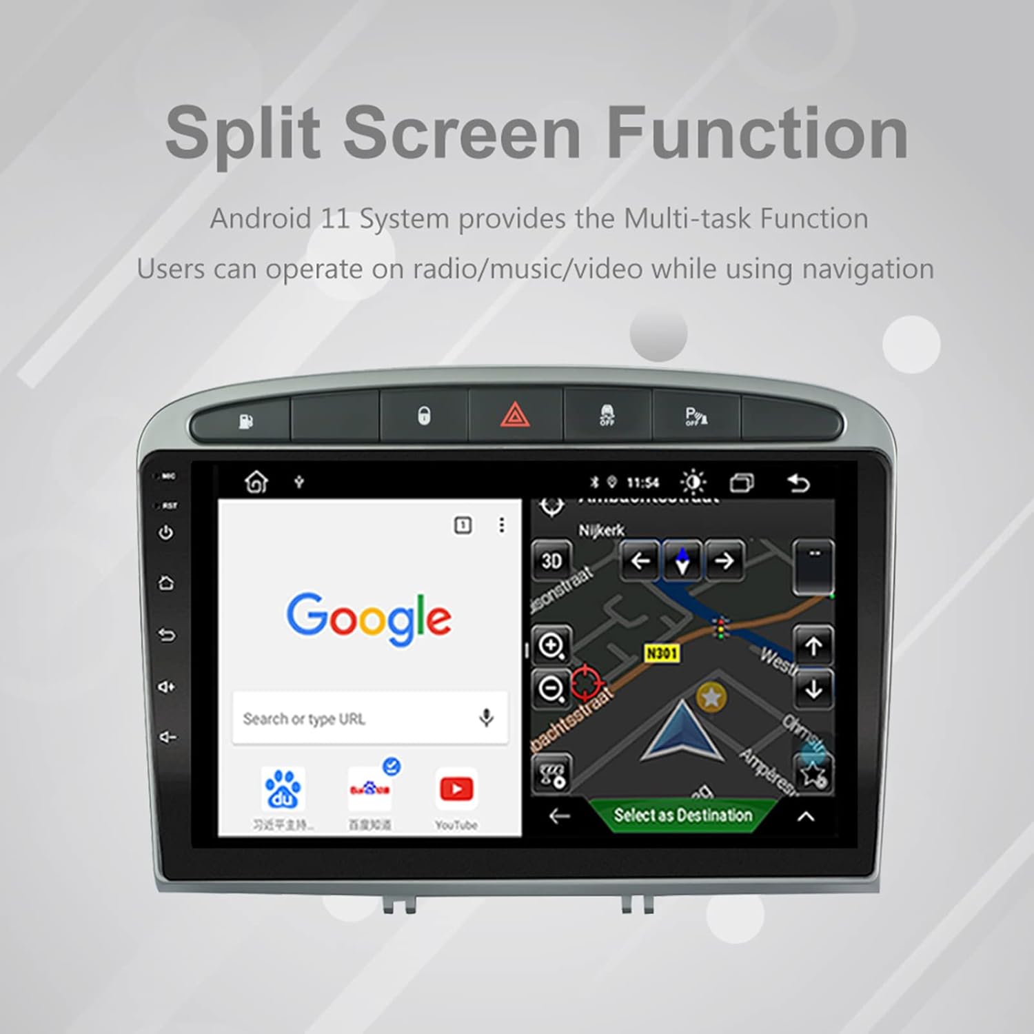Split screen function showing Google search and navigation map side-by-side