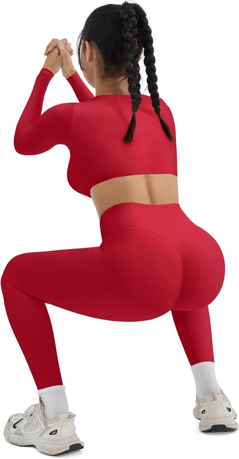 SUUKSESS Women 2 Piece Workout Sets Compression Tummy Control Leggings with Pockets Long Sleeve Square Neck Padded Crop Tops - Image 3