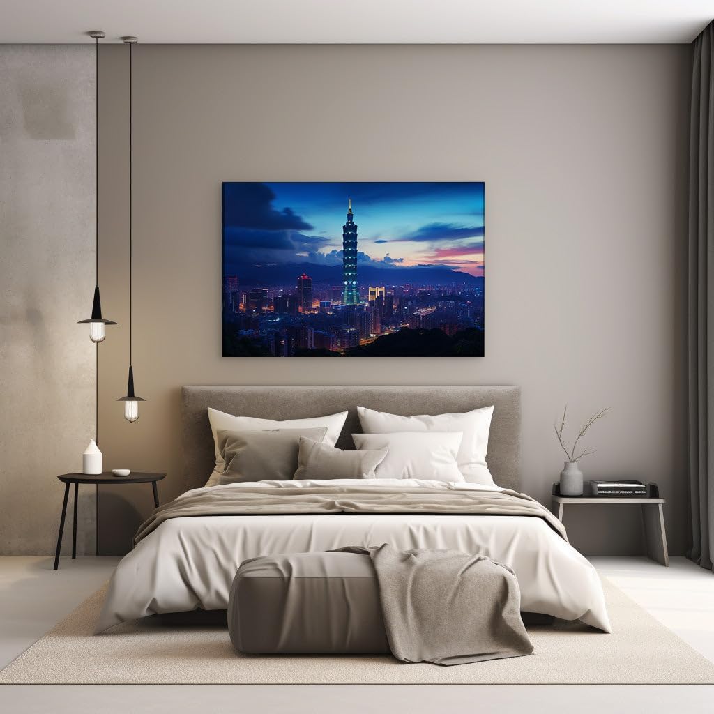 Canvas for Living room. Illuminating the Heavens: Taipei 101 Against a Dreamy Twilight Sky, 27 x 18 inch Canvas Wall Art - Nature'S Tranquility - Spiritual Home Decor