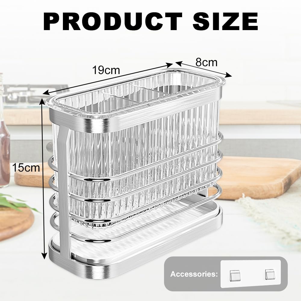 scolaposate da lavello, scola posate da cucina, Porta Mestoli da Cucina, Cestello Posate in Acciaio Inox con Scolapiatti, 3 Scomparti, Senza Fori, Fissaggio a Parete/Tavolo,Rimovibile, Argento