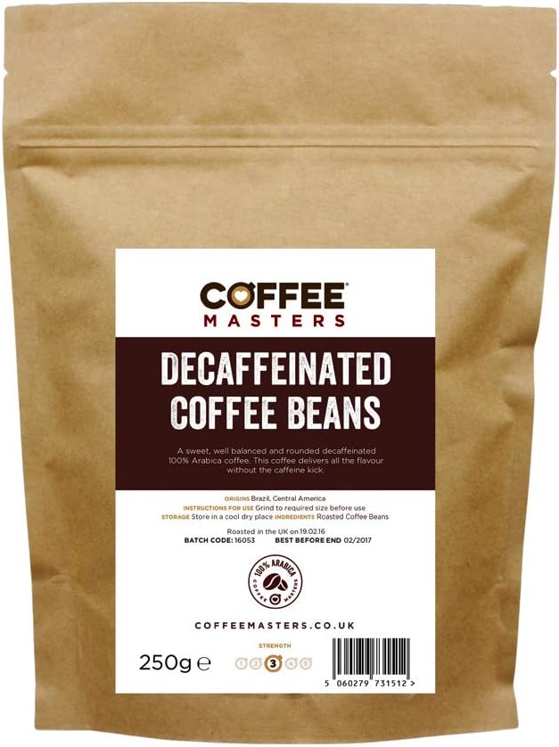 Coffee Masters Decaffeinated Coffee Beans 250g - 100% Arabica Decaf Coffee Beans - Roasted Whole Coffee Beans Ideal for Espresso Machines - Bold and Strong Flavour