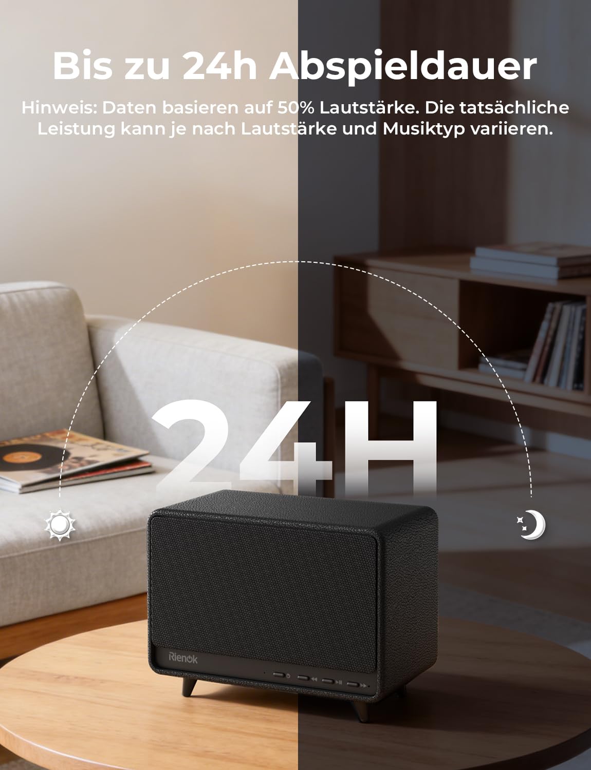 RIENOK Bluetooth Lautsprecher aus Holz, 40W Musikbox kabellos mit Holzgehäuse, 24 Std. Spielzeit kraftvoller Sound BASS für drinnen, Zimmer