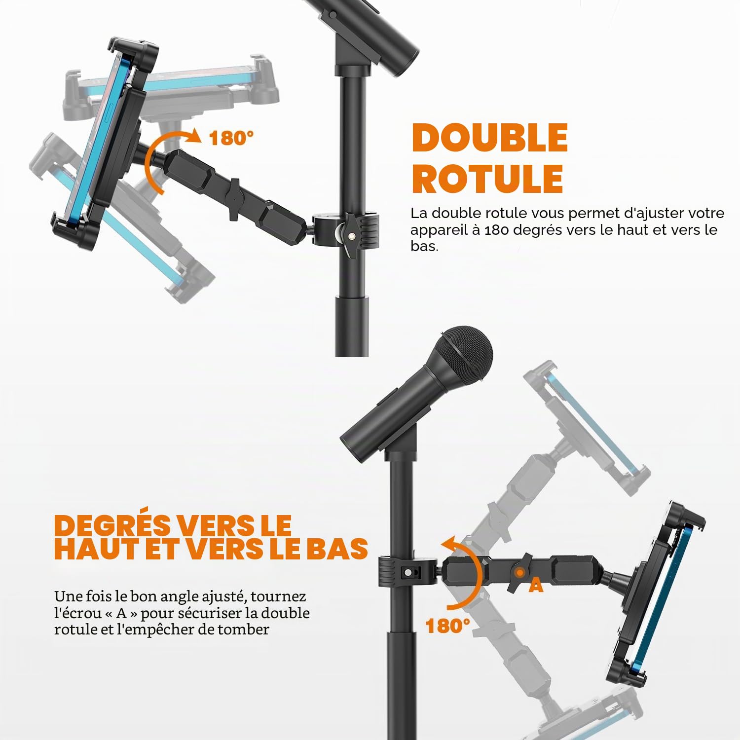 Support Tablette de Microphone, Support de Tablette et Téléphone, Pieds de Micro Musique Pivotant à 360° pour iPad, Pro, Mini, Air 4.7-13.5 Pouces Tablette Téléphone