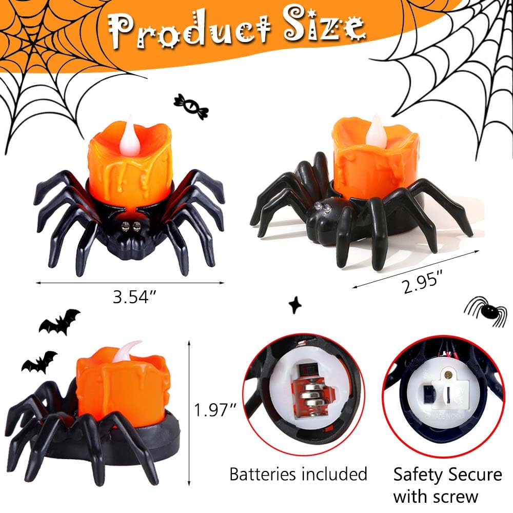 Confezione da 6 candele a LED senza fiamma, a forma di ragno, 3D, con luci gialle calde e viola, funzionamento a batteria, per casa, Halloween, decorazioni natalizie