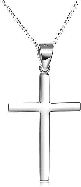 YAFEINI Sterling Silver Simple Cross Necklace High Polished White Gold Plated Religious Cross Jewellery for Women Girls Boys, 18''