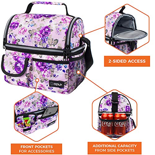 Opux Insulated Dual Compartment Lunch Bag For Men, Women | Double Deck Reusable Lunch Pail Cooler Bag, Soft Leakproof Liner | Large Lunch Box Tote For Work, School (Floral Purple) #TOP3