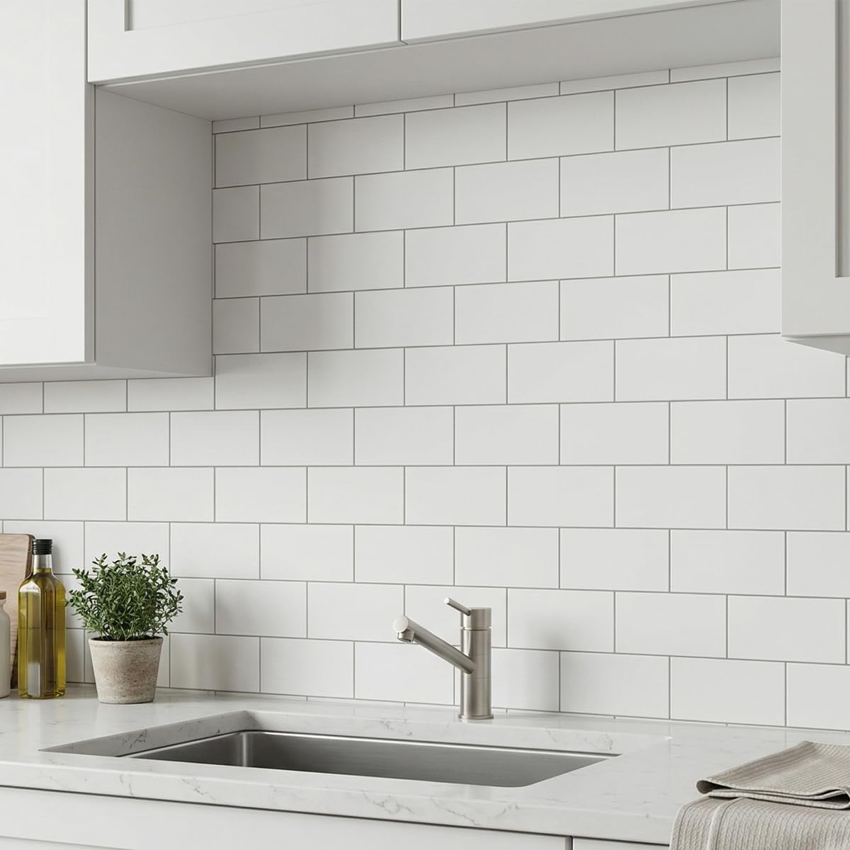 10- Sheet Polished White Peel and Stick Backsplash, 12’’Luxury PVC Ceramic Look Self Stick Subway Tiles, Waterproof Peel and Stick Wall Tiles for Kitchen and Bathrrom