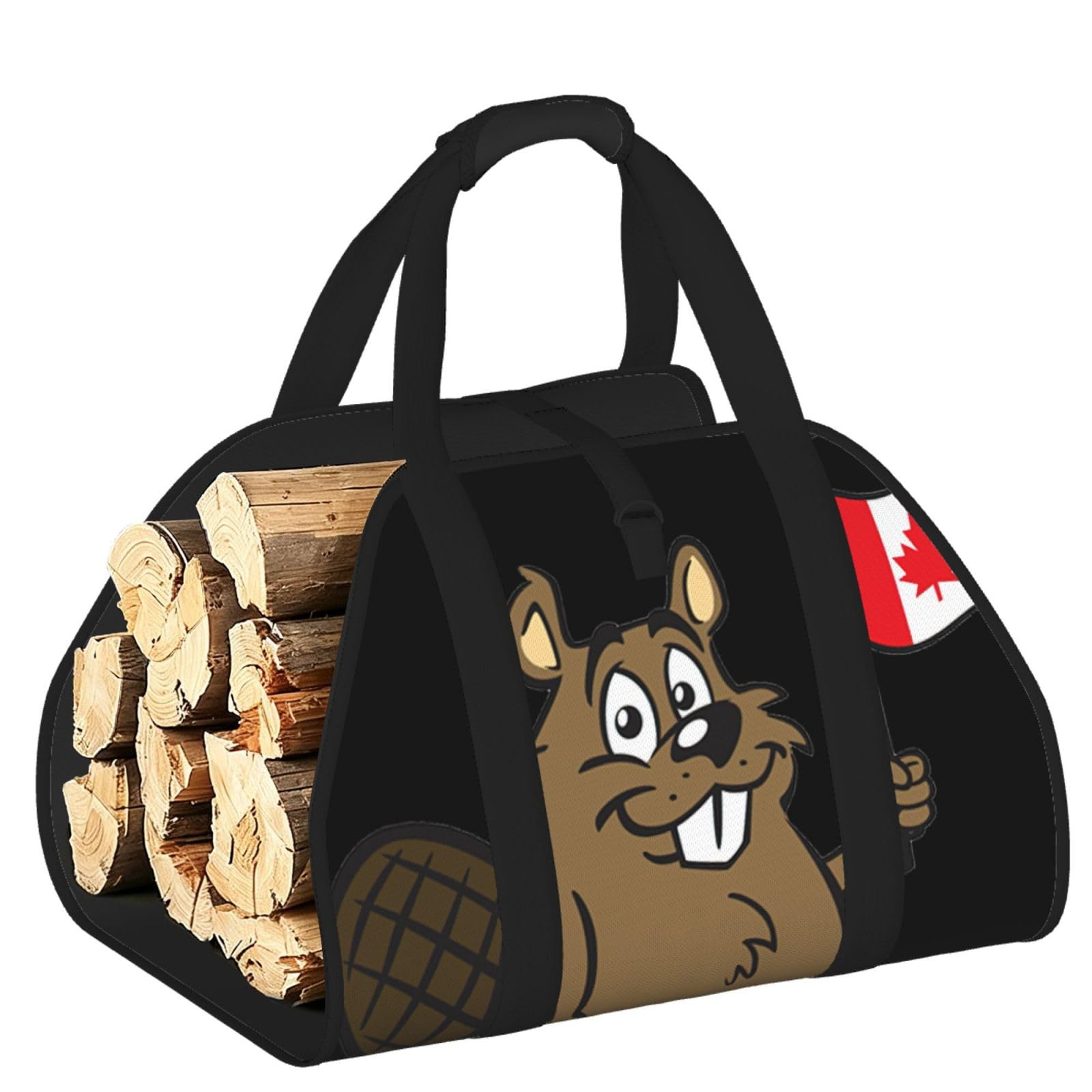 Beaver Printed Firewood Carrier Bag, Log Tote with Open-Ended Design for Camping Outdoor Wood Hauling