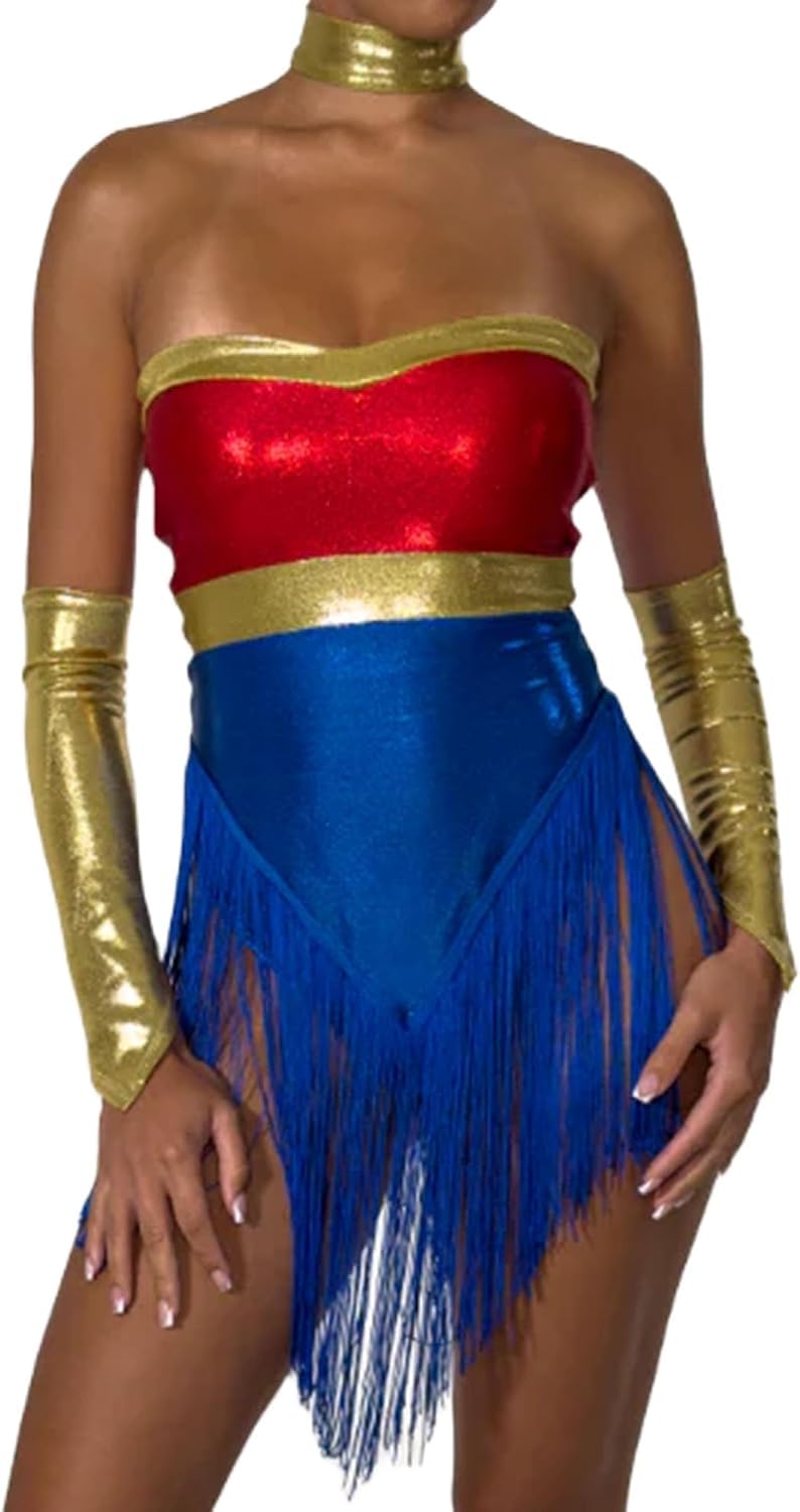 Svuitmsl Womens Superhero Halloween Costume Star Printed Party Dress Up Cosplay Set (I-Blue, L)