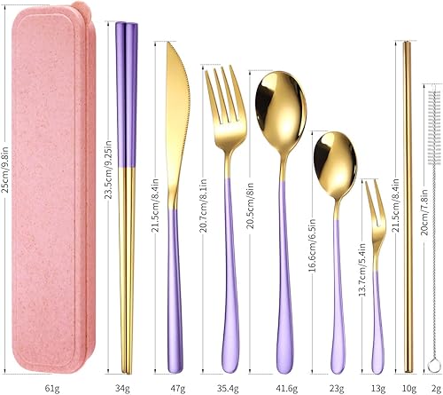 Miniatura 2 de MURRI&MURRDI Juego de cubiertos reutilizables y portátiles, juego de utensilios de viaje con funda, juego de cubiertos de acero inoxidable que
