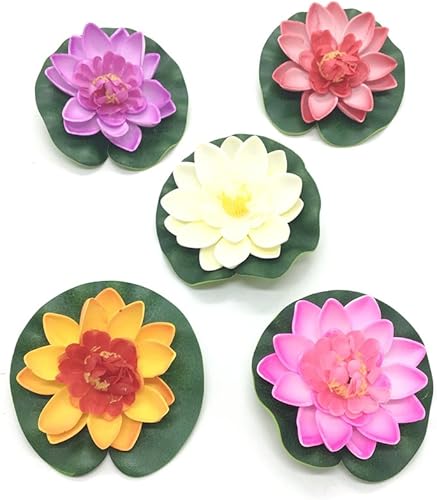 Miniatura 2 de Pomeat 5 piezas de flores de loto artificiales flotantes, decoración de estanque flotante, lirio de agua, decoración del hogar