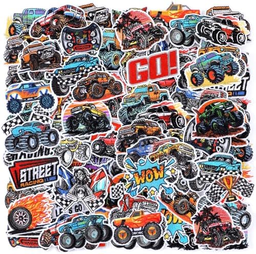 HunnmingRe 72 Pcs Monster Truck Iron on Patches Embroidered Racing Iron on Truck Hat Patch 36 Style Race Car Party Favors for Hat Cap Backpack Clothes Pants Jeans DIY Crafts