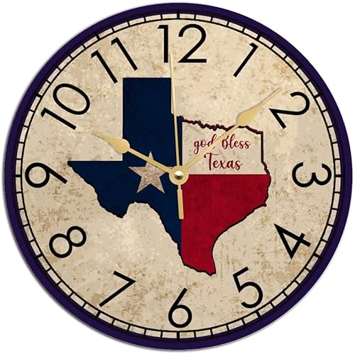 God Bless Texas - Reloj de pared de madera rústico toscano con pilas, silencioso, sin tictac, relojes de pared con números, relojes de pared