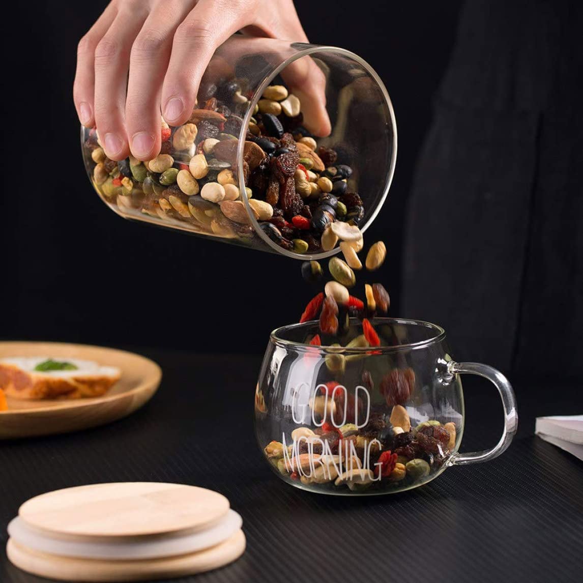 Glasgefäß, 3 Stück, Lebensmittelaufbewahrung, Glasgefäß, Küche, Vorratsflaschen, Gläser mit Holzdeckel für Getreide, Tee, Bohnen, Süßigkeiten, 500 ml