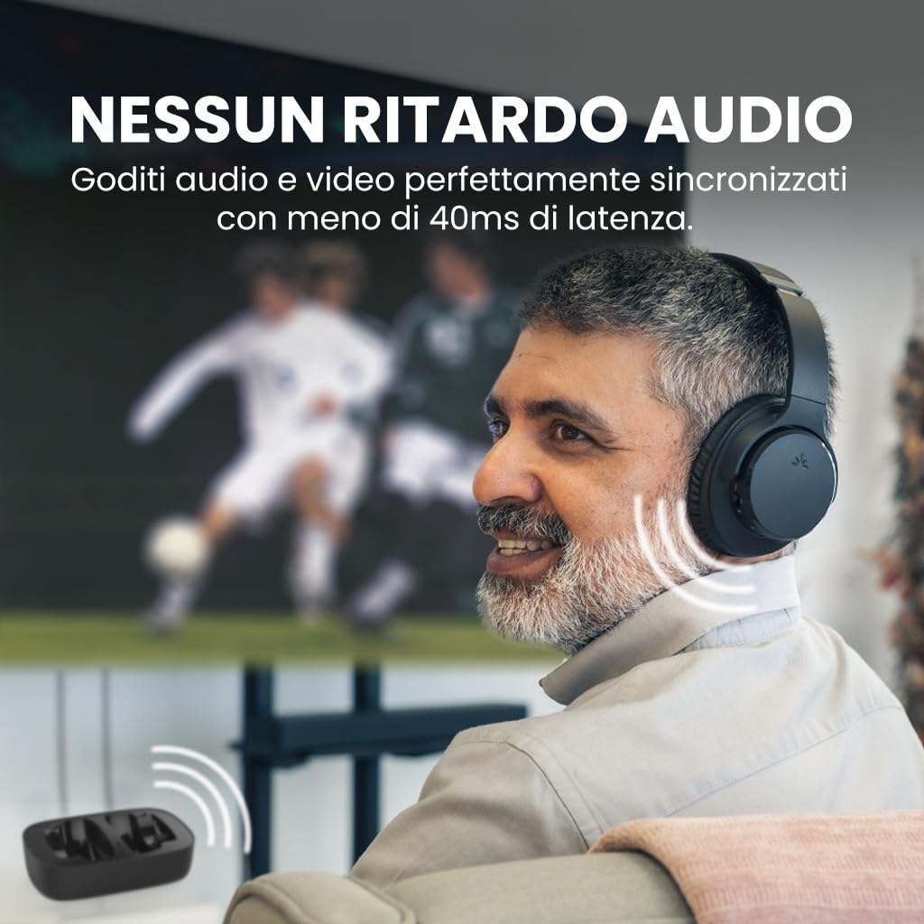 Avantree Ensemble – Cuffie TV Senza Fili Wireless per Anziani con Clear Voice, Base di Ricarica, Configurazione Facile, 35h di Autonomia, Design Confortevole, Compatibili con Ottico/AUX e TV Bluetooth