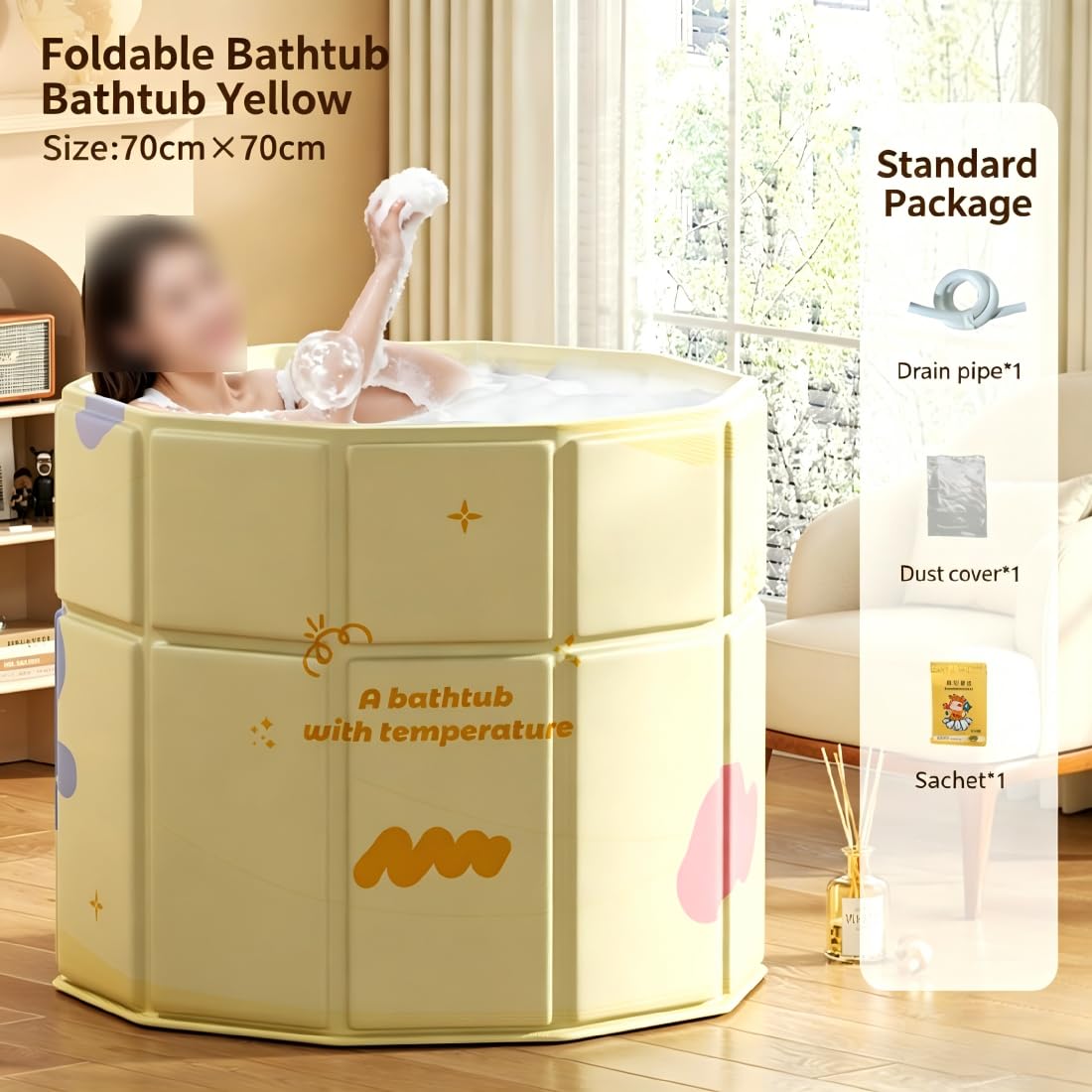 Baignoire pliable, jaune, 70 x 70 cm, pour adulte, portable, pliable, salle de bain familiale, spa, trempage, pas d'installation pour la maison et l'extérieur