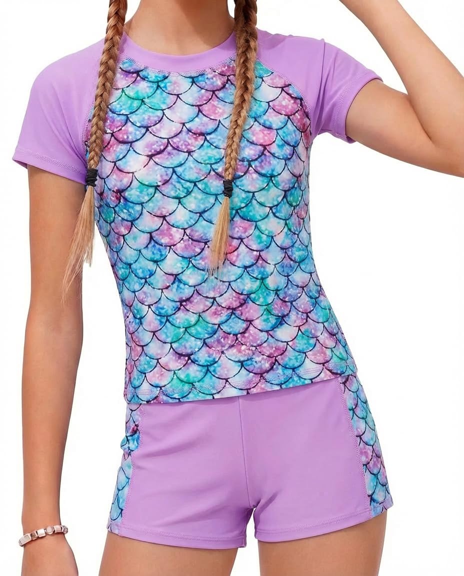 JiAmy Maillot de Bain Fille, à Manches Longues pour Filles Séchage Rapide 2 Pièces Maillots de Bain Fille Anti UV UPF50+ Maillot Natation Fille 4-9 Ans