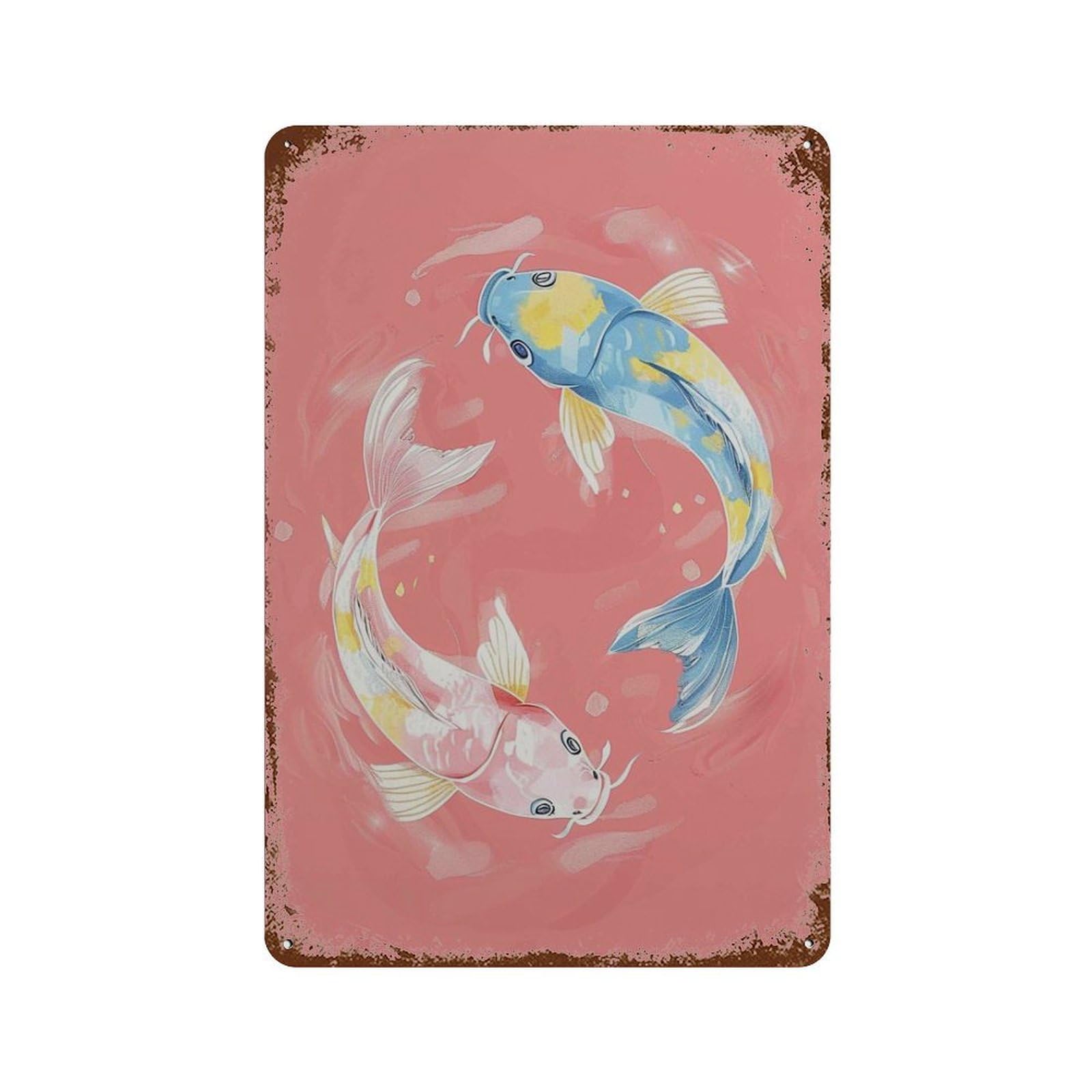 xiaoxiaoshen Pink Koi Fish Japanese Watercolor Folk Serene Asian Zen Aesthetic Aquatic Chinoi Wall Decor Art Metal Tin Poster Modern Home Decor Art Home Bar Shop Decorations Vintage Sign 30x20cm