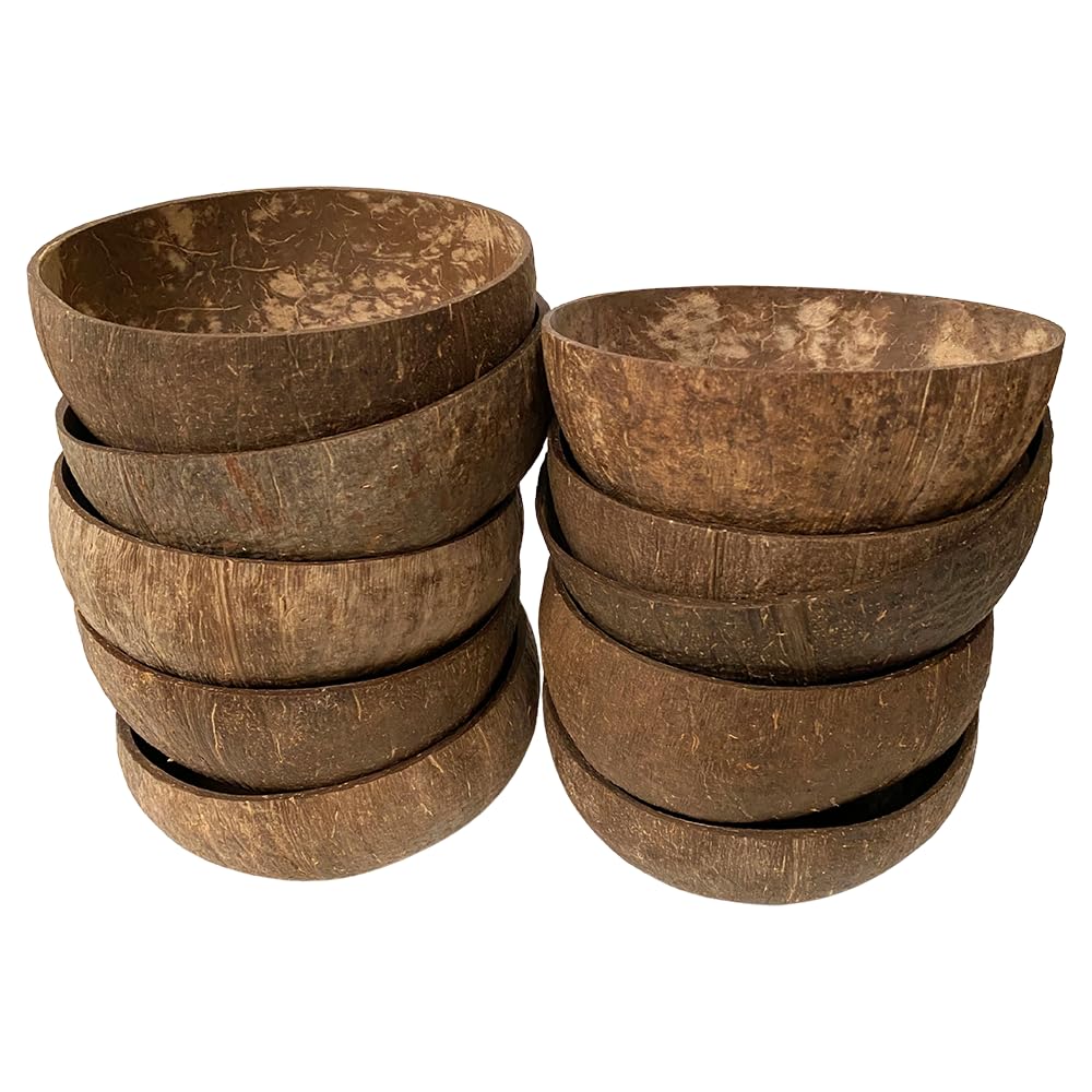 VIE Coconut Bowl, Natural Textured Finish, Large, 13-15cm Diameter, Set of 10