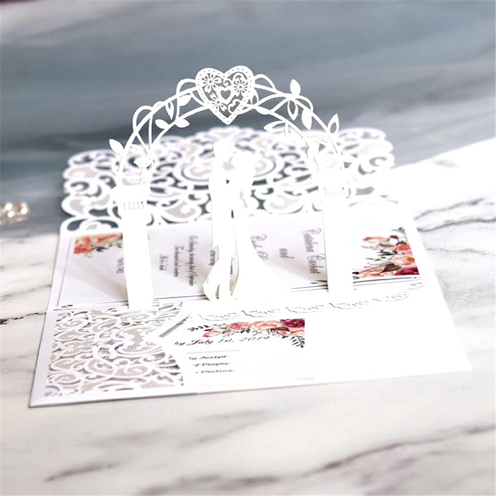 NC 10sets 3D Pop Up Sposa e Sposo Bianco Biglietto di invito di nozze Taglio al Laser Tasca Inviti di fidanzamento Floreale con Busta e Carta Interna (Bianco), 18 x 12,5 cm