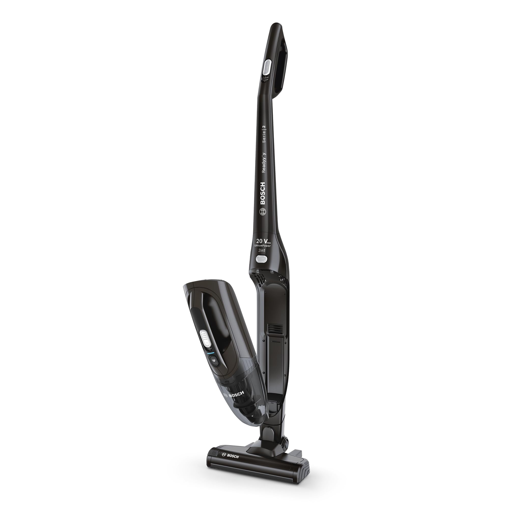 Bosch Akku-Staubsauger Readyy‘y Serie 2 BBHF220, kabellos, beutellos, 2in1 Lösung mit abnehmbarem Handgerät, hohe Saugkraft, Lange Laufzeit, 2 Stufen, Düse für alle Bodenarten, freistehend, schwarz