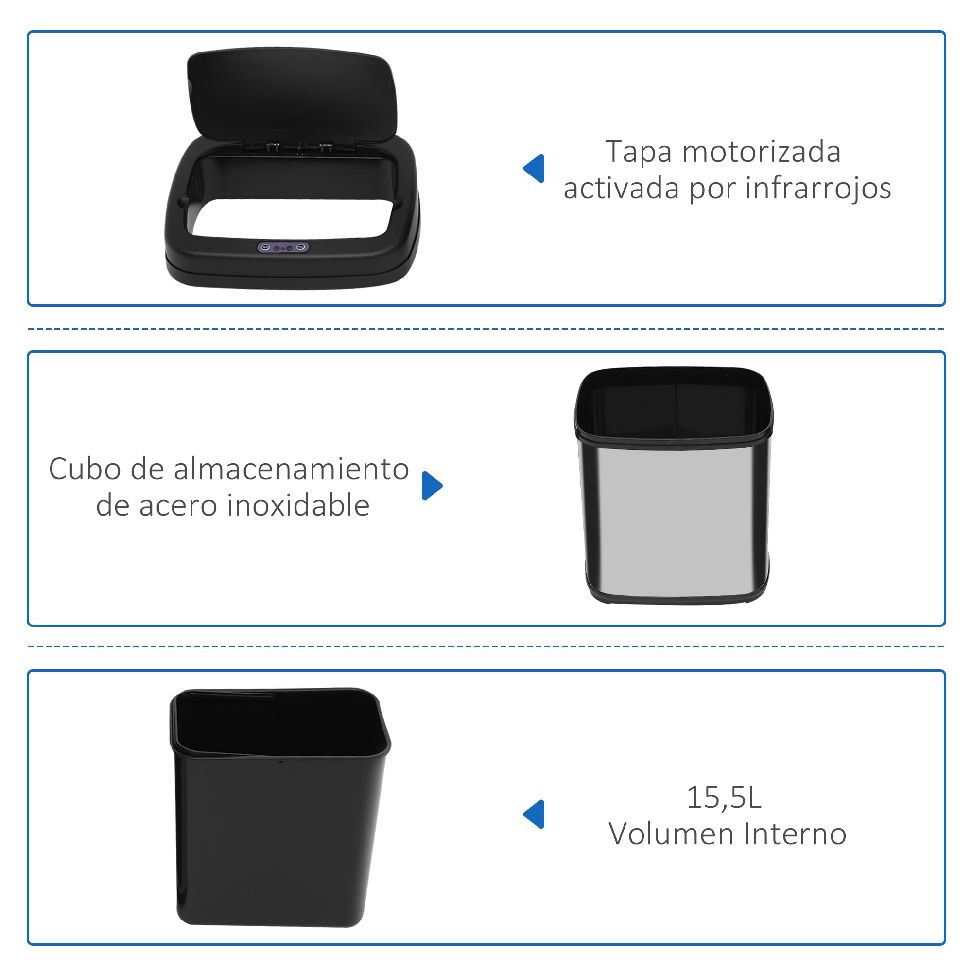 HOMCOM Cubo de Basura Automático 20L con Sensor 33x25x42,5 cm Plata y Negro | Papelera de Cocina, Acero Inoxidable, Cubo Interior Extraíble, Asa