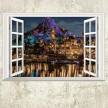 DNVEN 24 inches x 16 inches 3D High Definition Big Ship Volcano Fantasy False Faux Window Frame Window Mural Vinyl Bedroom Living Room Playroom Wall Decals Stickers