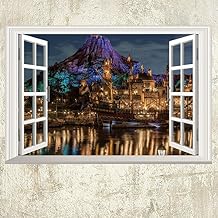 DNVEN 24 inches x 16 inches 3D High Definition Big Ship Volcano Fantasy False Faux Window Frame Window Mural Vinyl Bedroom Living Room Playroom Wall Decals Stickers