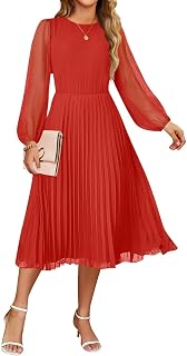 Women's Fall Long Sleeve Dresses 2025 Casual Crewneck Chiffon Swing Pleated A Line Cocktail Party Midi Dress