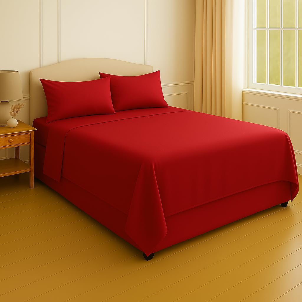Night Zone Flat Sheet 180 Thread Count Rich Percale Non Iron Bed Linen Soft PolyCotton Blend Plain Dyed Flat Bed Sheets (Super King, Red)