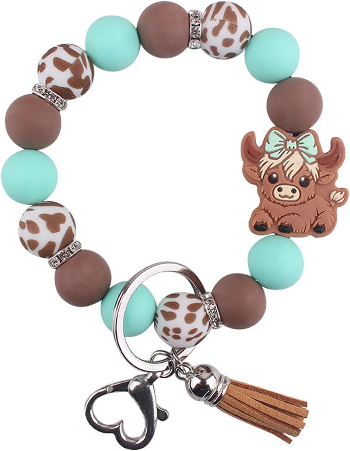 Jesemiah Cute Cow Beaded Wristlet Keychain for Women - Leopard Silicone Elastic Bracelet with Bowknot Charm