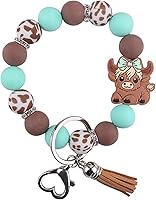 Jesemiah Cute Cow Beaded Wristlet Keychain for Women - Leopard Silicone Elastic Bracelet with Bowknot Charm